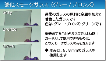 スモークガラス：フロートガラスに着色したガラスです。グレー・ブロンズ・グリーンがあります